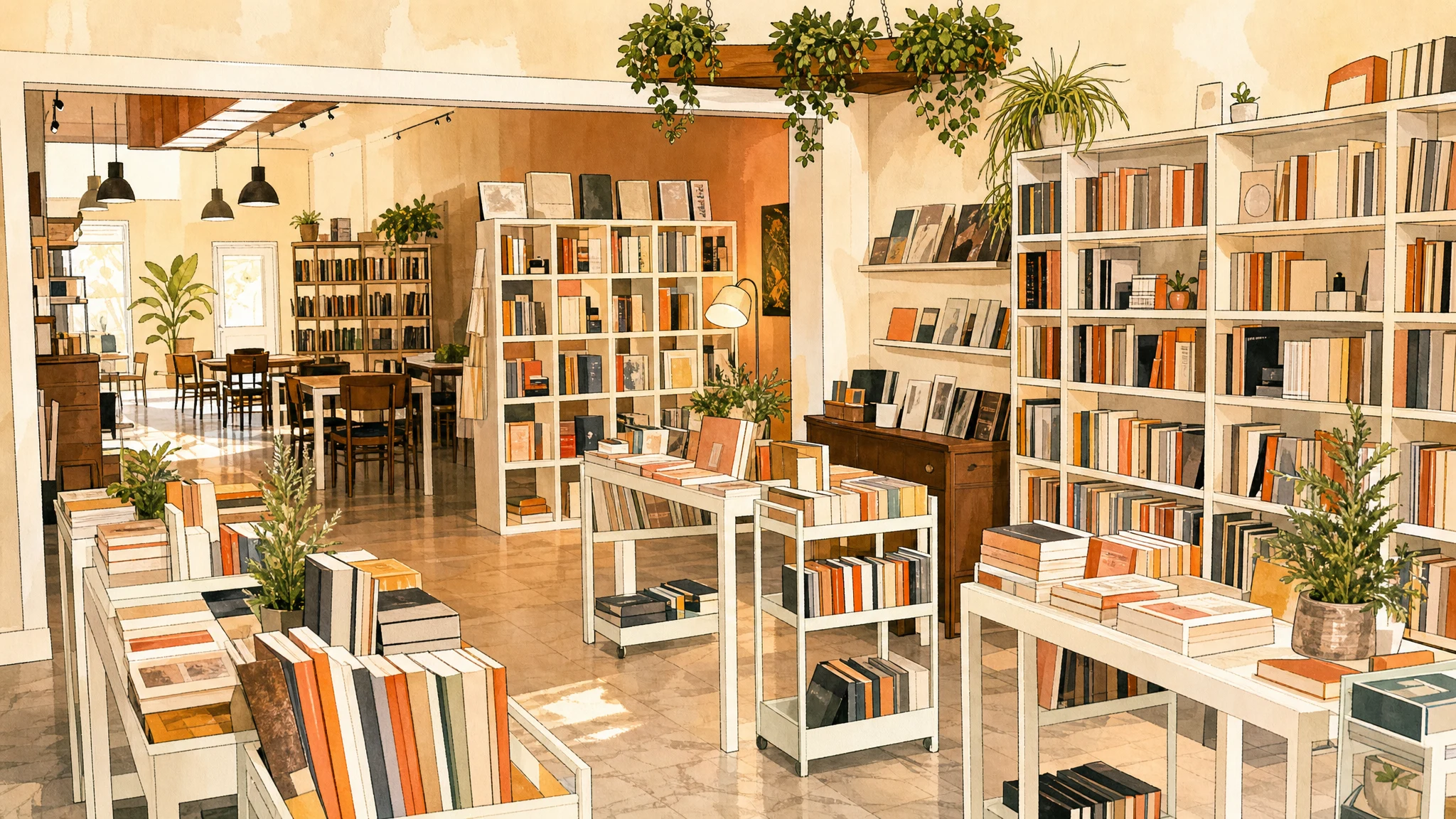 Bright bookstore café interior with white bookshelves, display tables, seating, and hanging green plants.