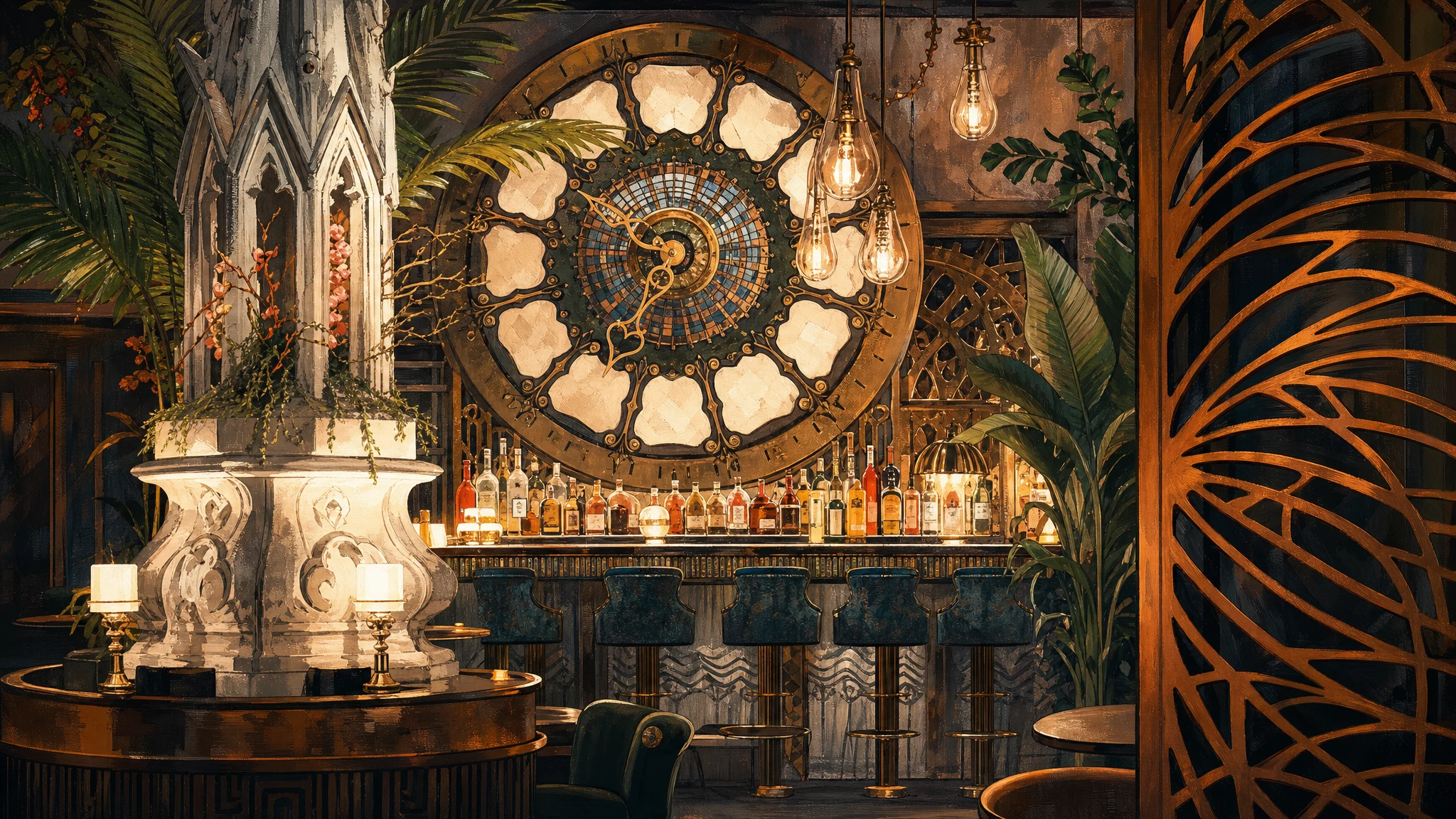 Bar interior with a large ornate clock, hanging lights, bottles on the counter, and tropical plants