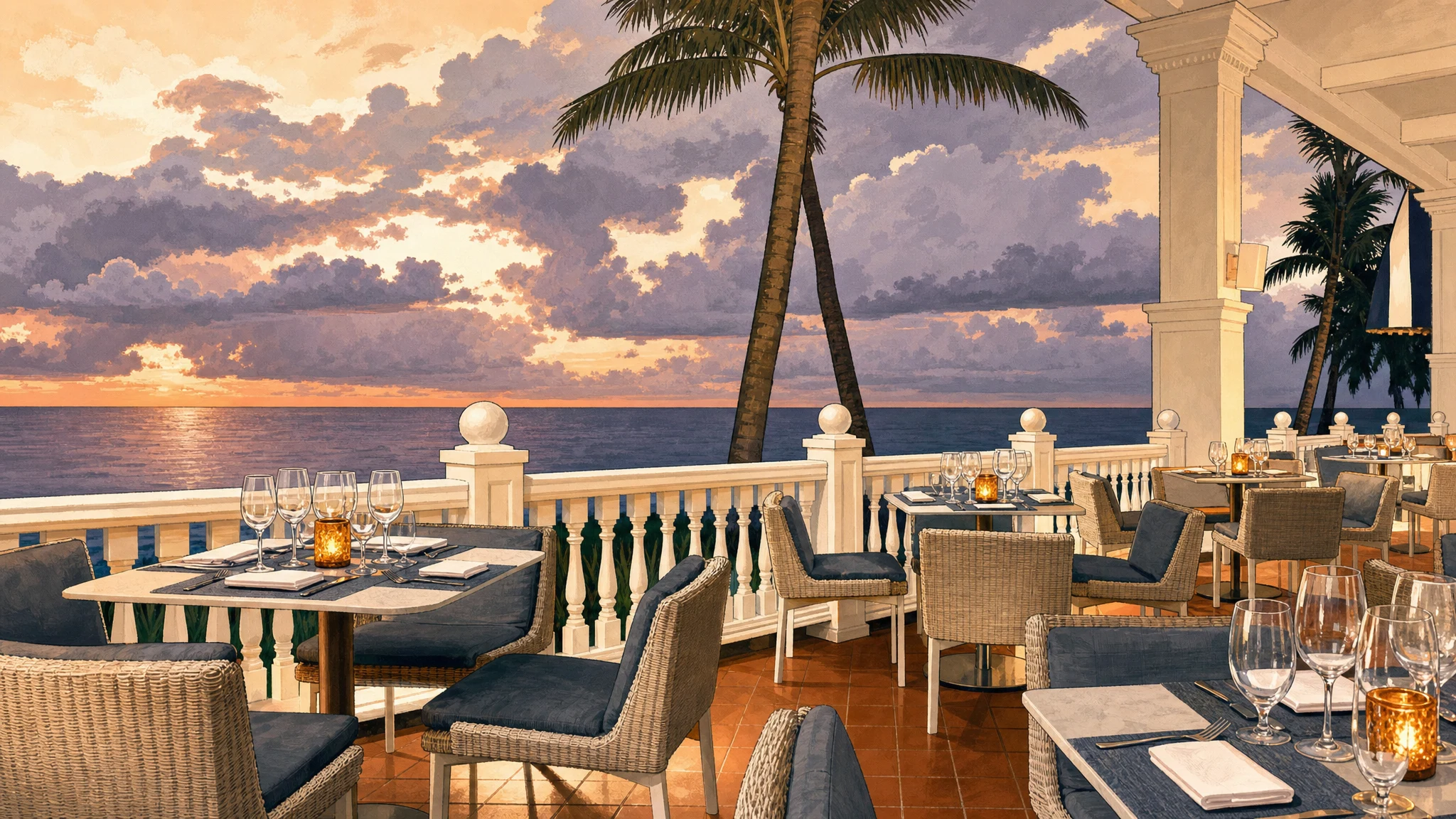 Oceanfront restaurant terrace with set tables, woven chairs, palm trees and a sunset over the water