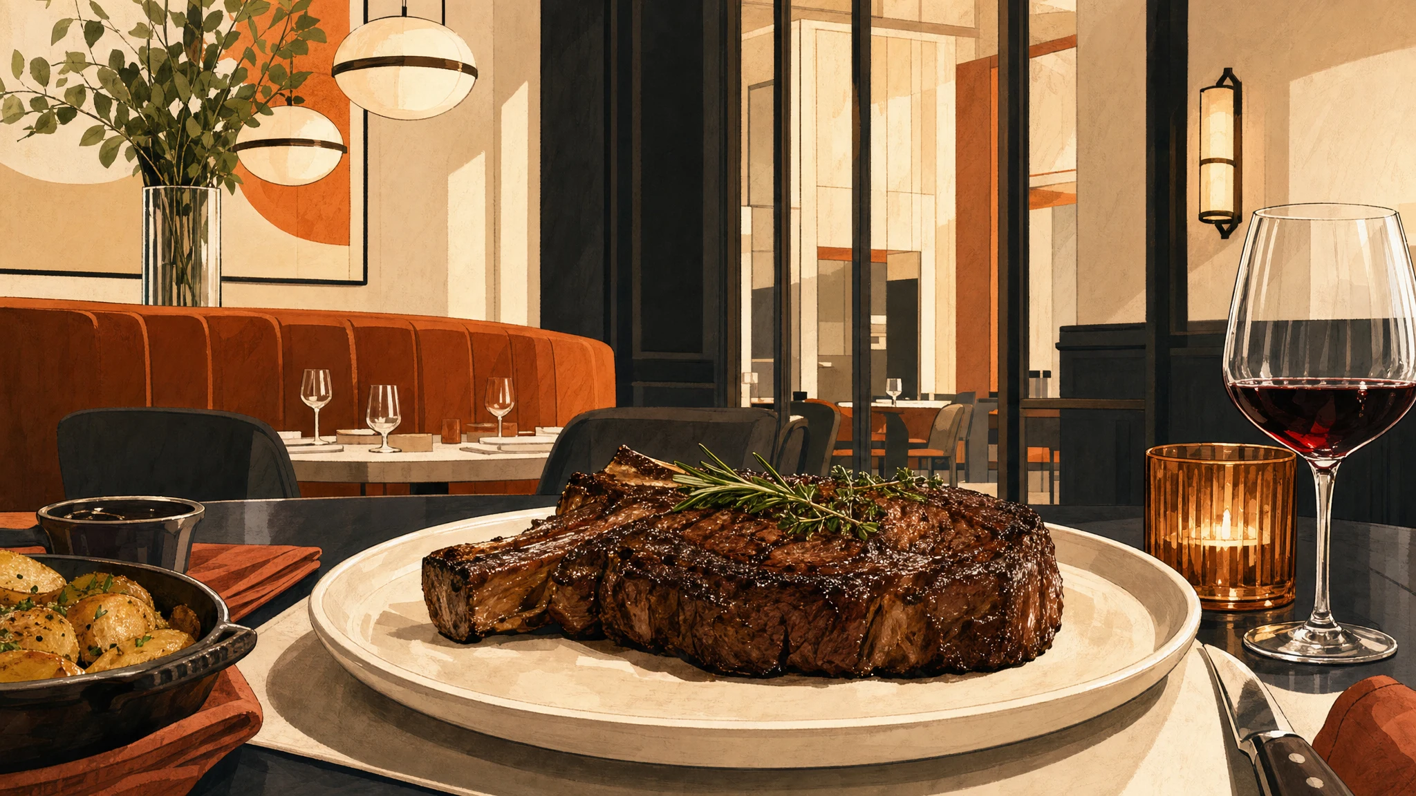 A large grilled steak on a white platter, with a glass of red wine and a skillet of roasted potatoes on a restaurant table.