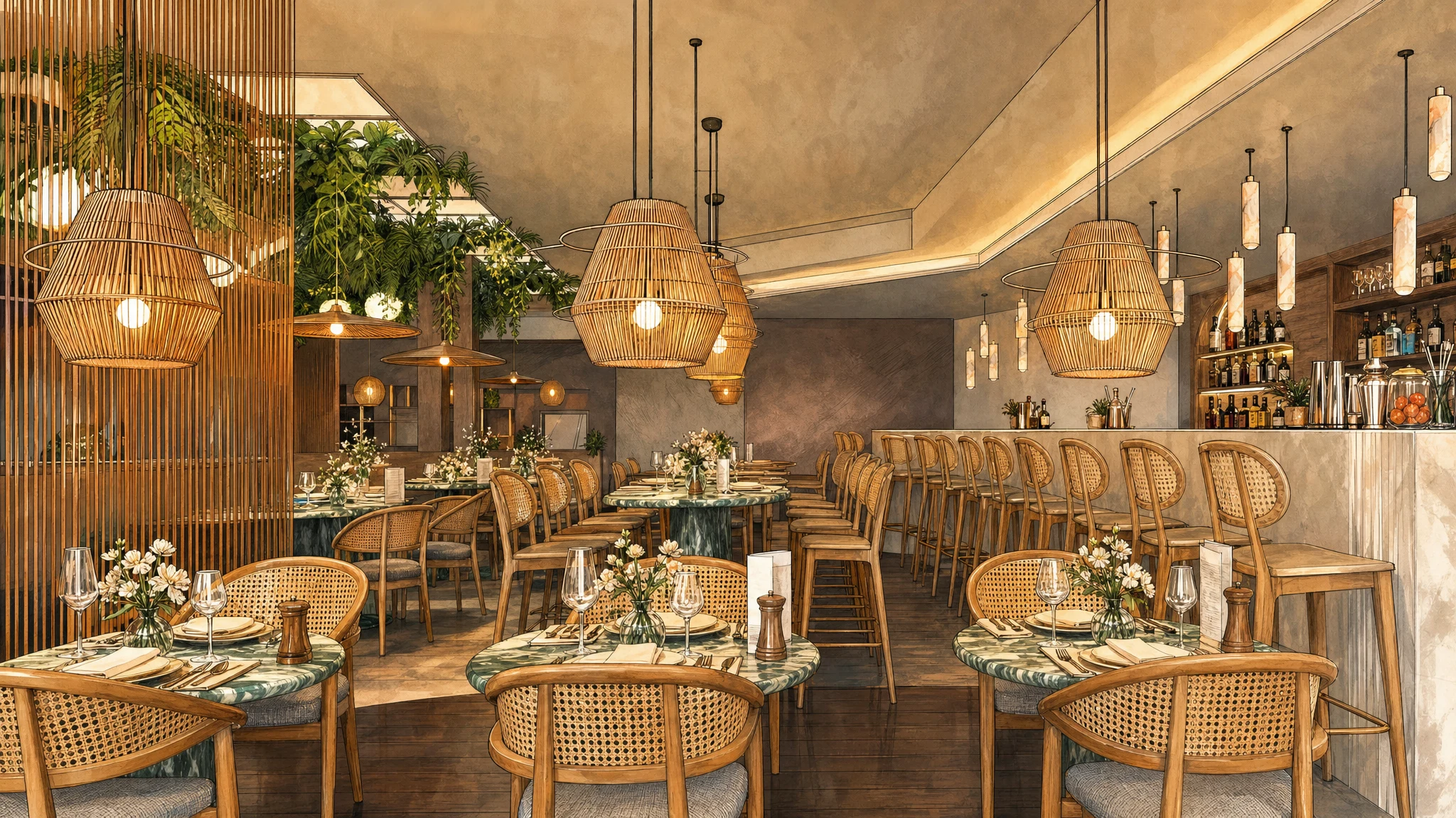 Stylish restaurant dining room with wicker chairs, green marble tables, hanging lights, a bar, and plants.