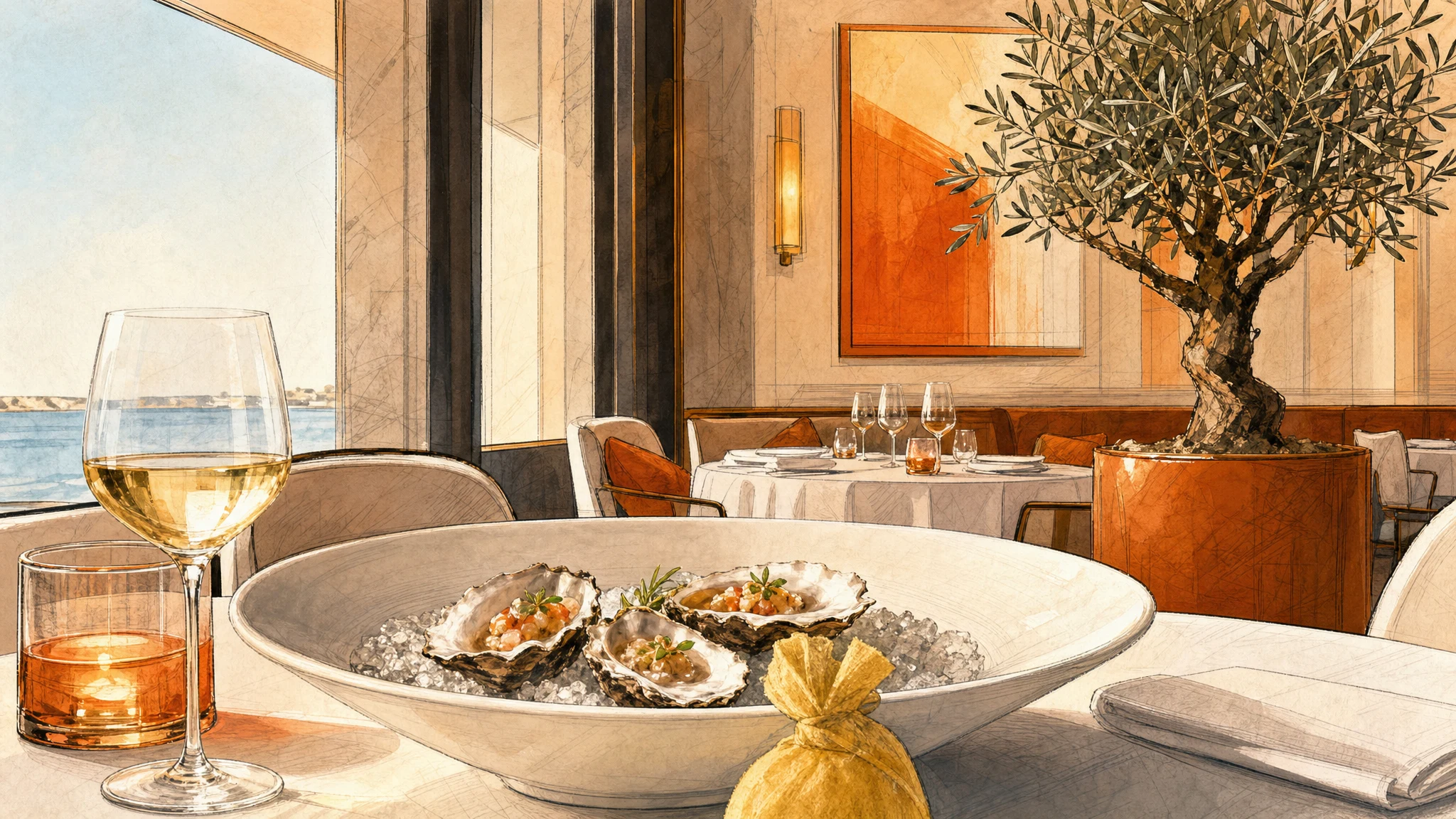 Oysters on ice in a white bowl beside glasses of white wine and amber liquid, with a potted tree and ocean view in the background.