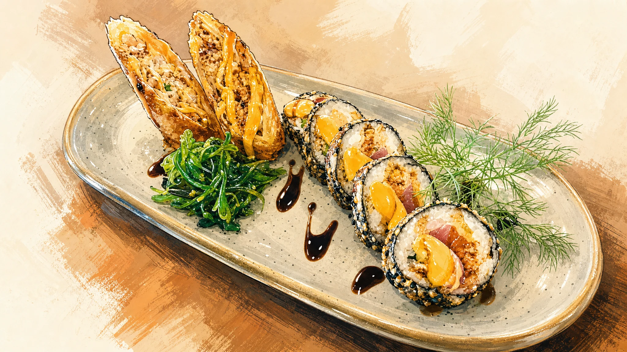 Sliced sushi rolls and two toasted pieces arranged with greens and herb sprigs on an oval ceramic plate.