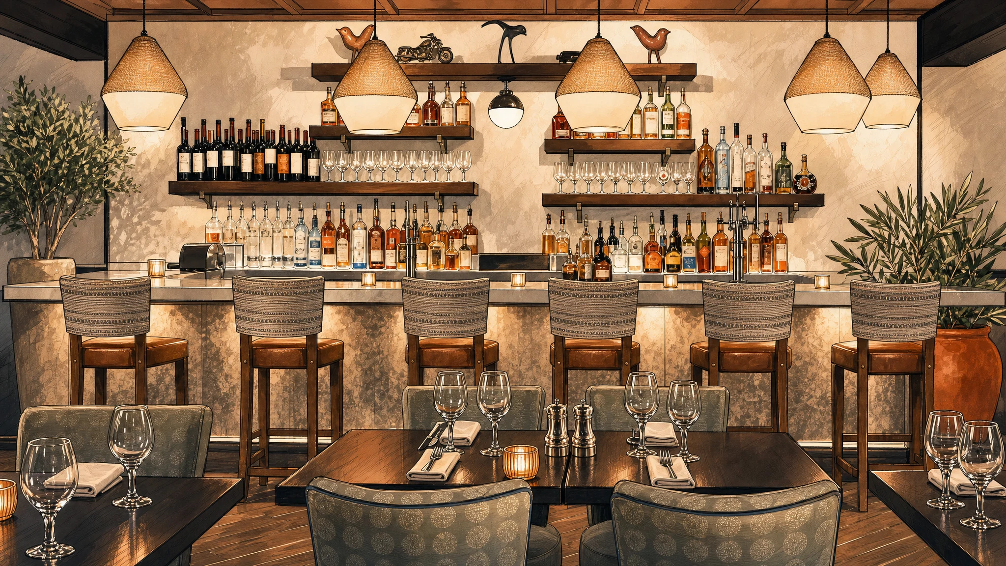 Restaurant bar with bottle-lined shelves, woven pendant lights, stools, potted plants, and dining tables set with wine glasses.