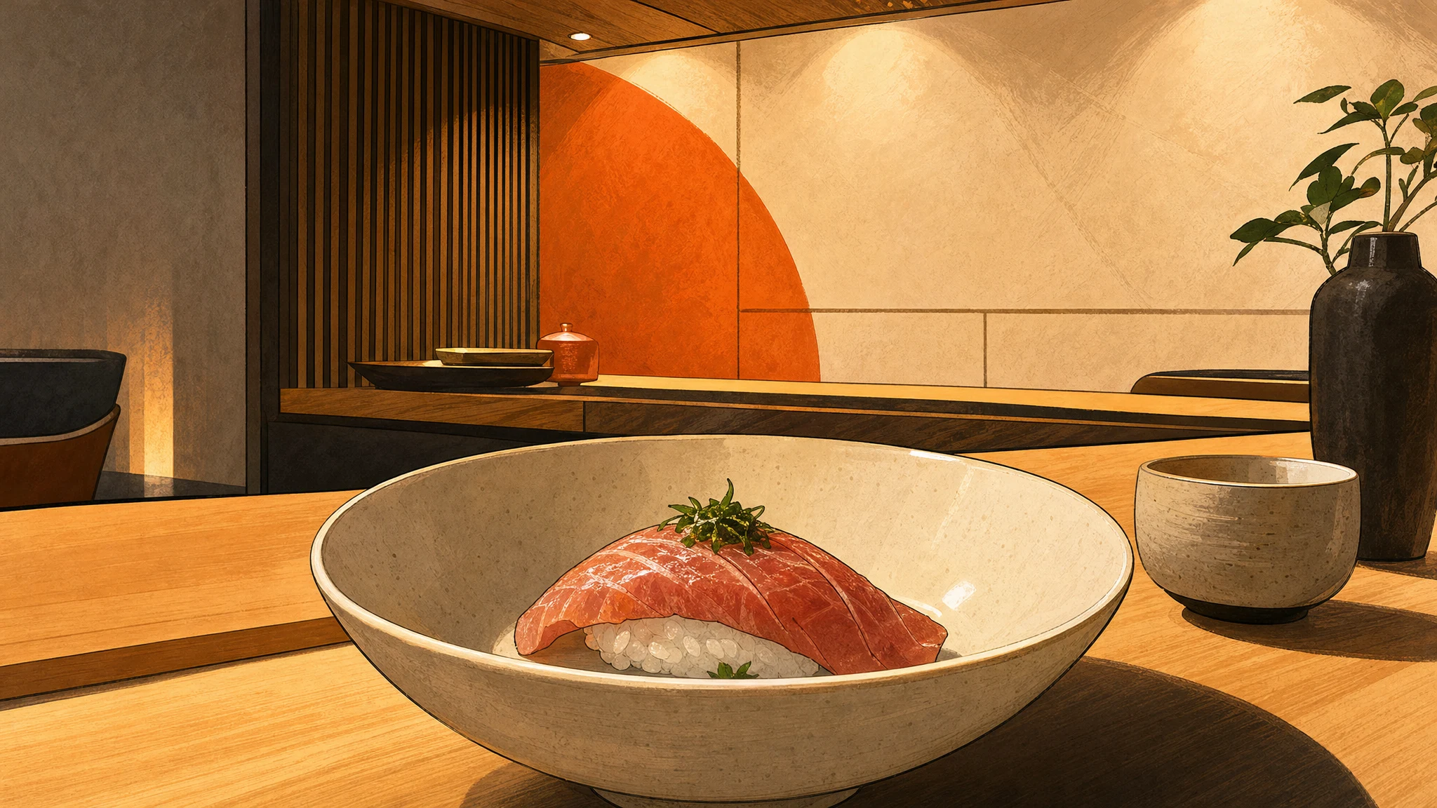 Slices of fish over rice in a ceramic bowl on a wooden counter, with a cup, dark vase and orange wall art behind.