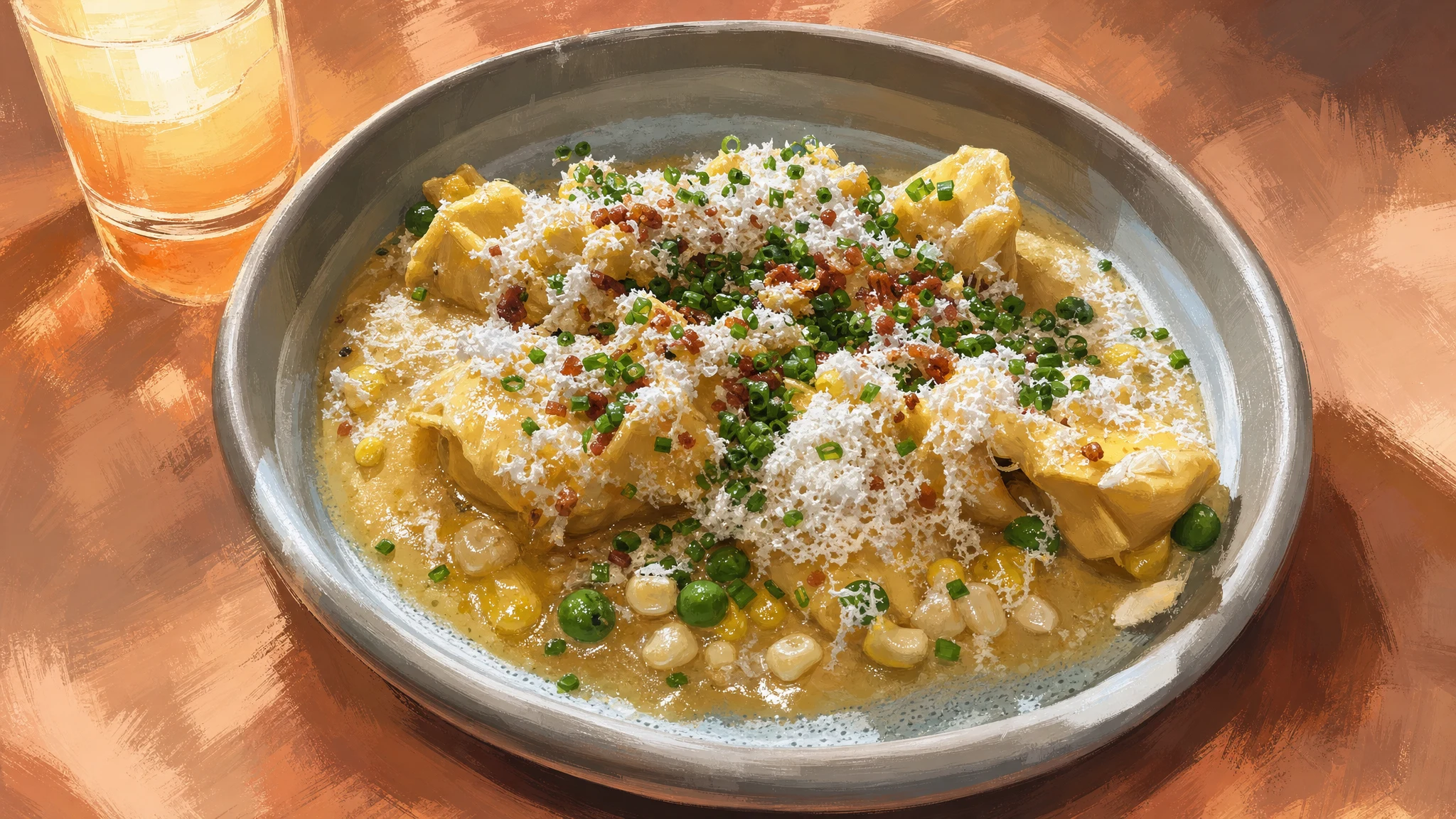 A bowl of stuffed pasta in creamy sauce with peas, grated cheese, and chopped herbs beside a glass.