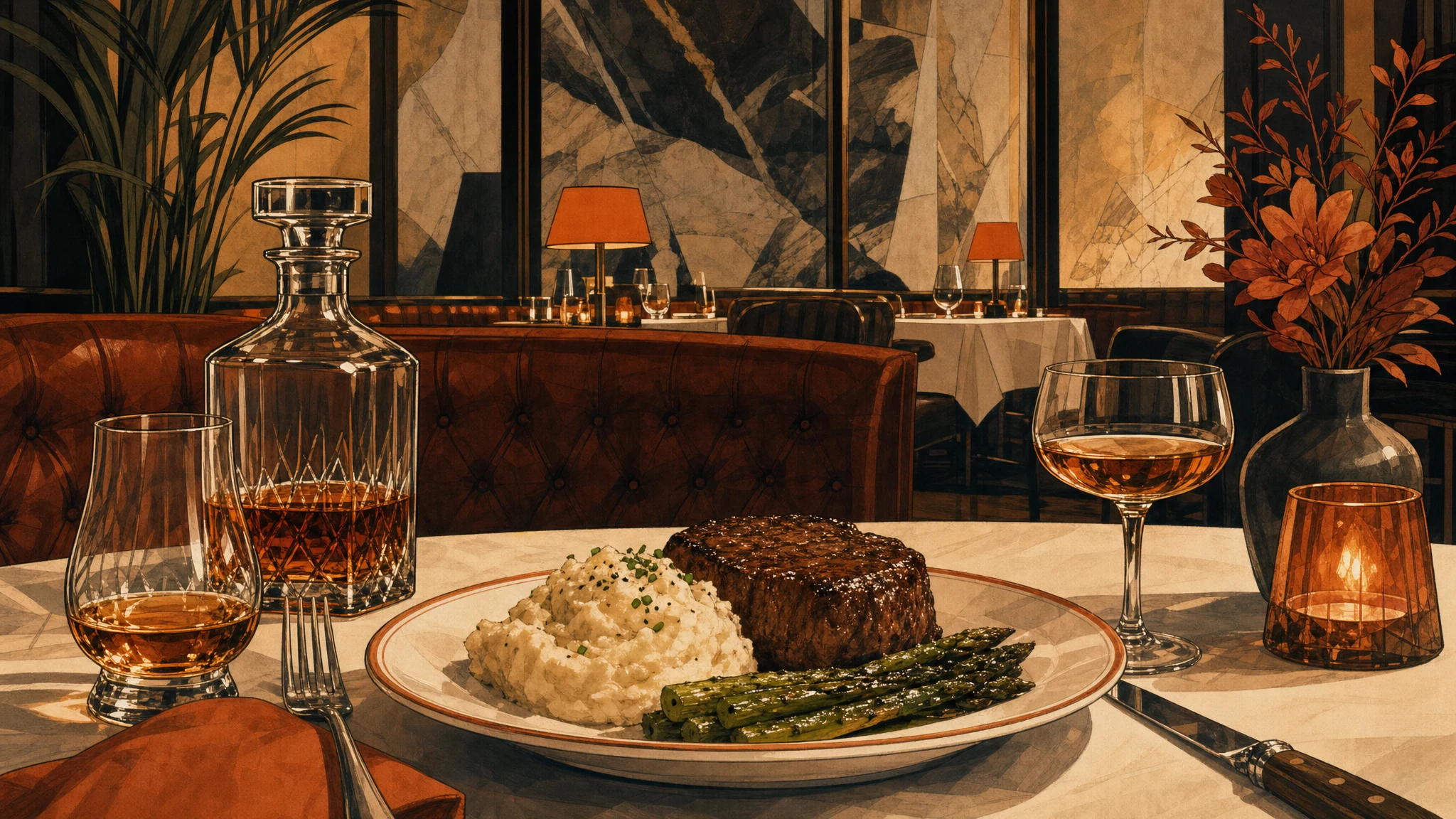 A plated steak with mashed potatoes and asparagus beside glasses of amber liquor and a decanter on a restaurant table.