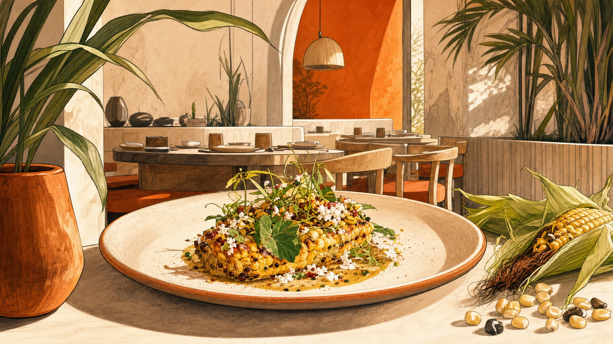 A plated dish garnished with greens sits beside ears of corn and scattered kernels in a sunlit dining room.