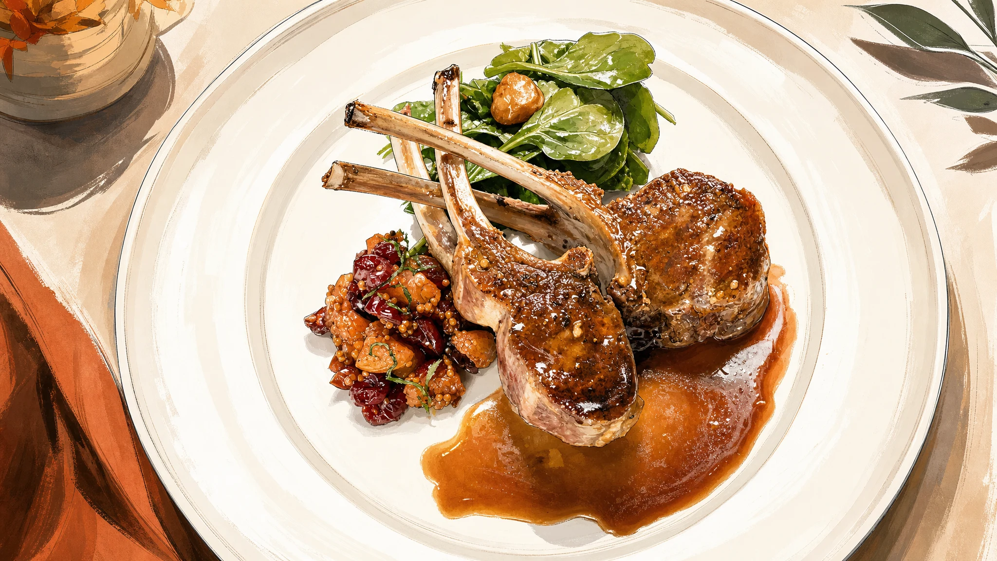 Three lamb chops with brown sauce, roasted vegetables, and leafy greens on a white plate