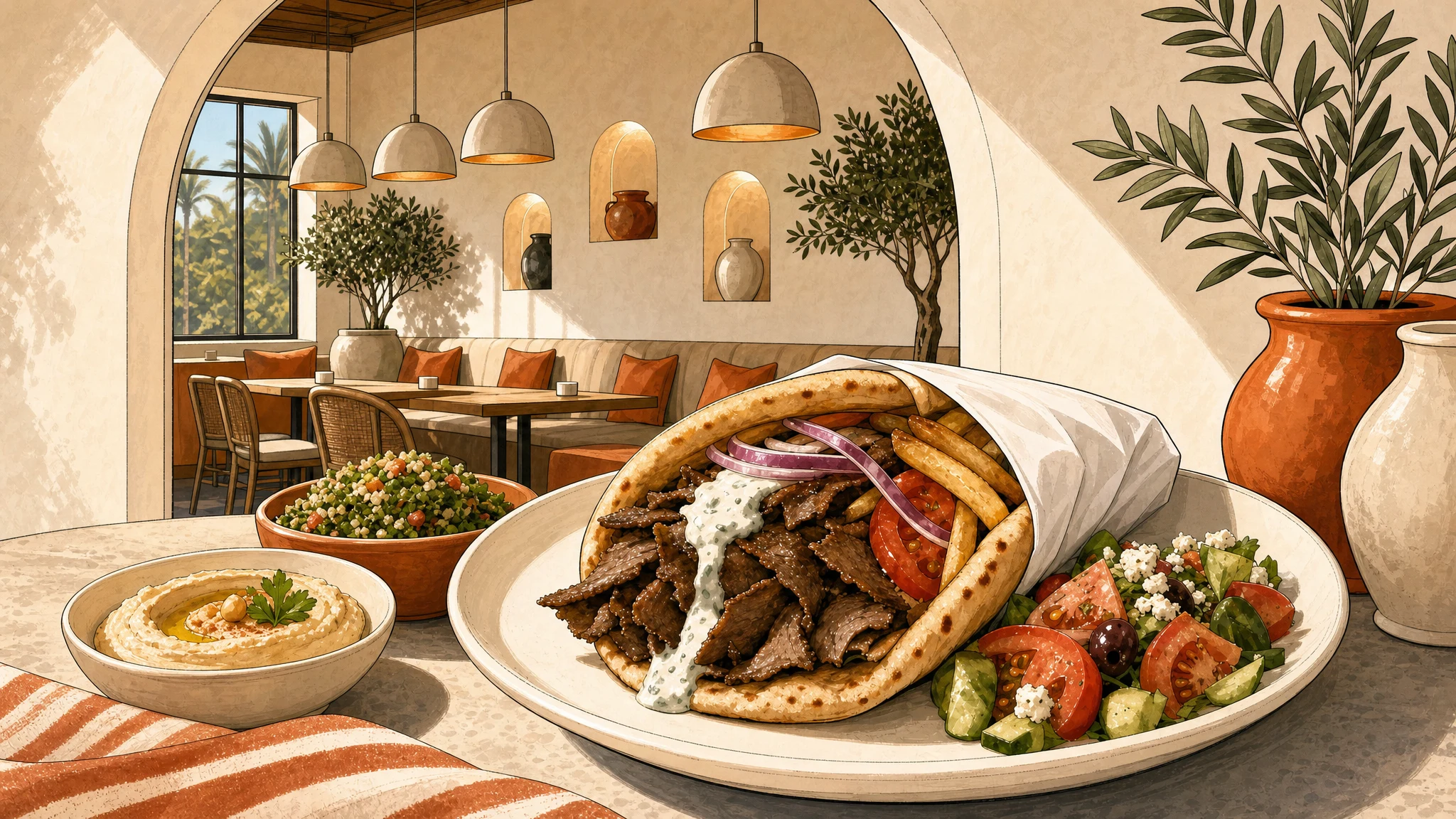 Pita filled with sliced meat, tomatoes, red onion and white sauce, served with chopped salad and a bowl of hummus.